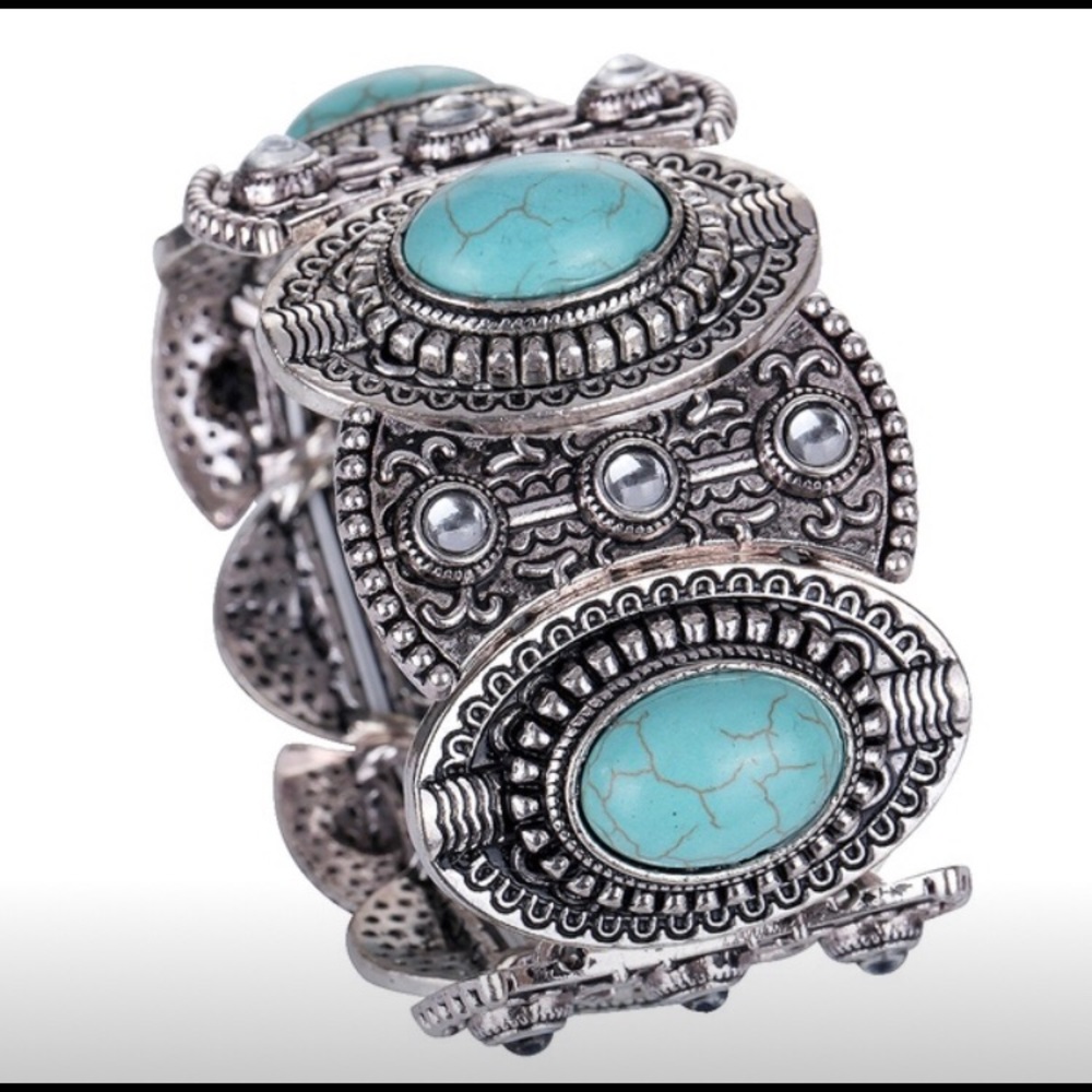 Wide Ethnic Silver & Turquoise Stretch Bracelet